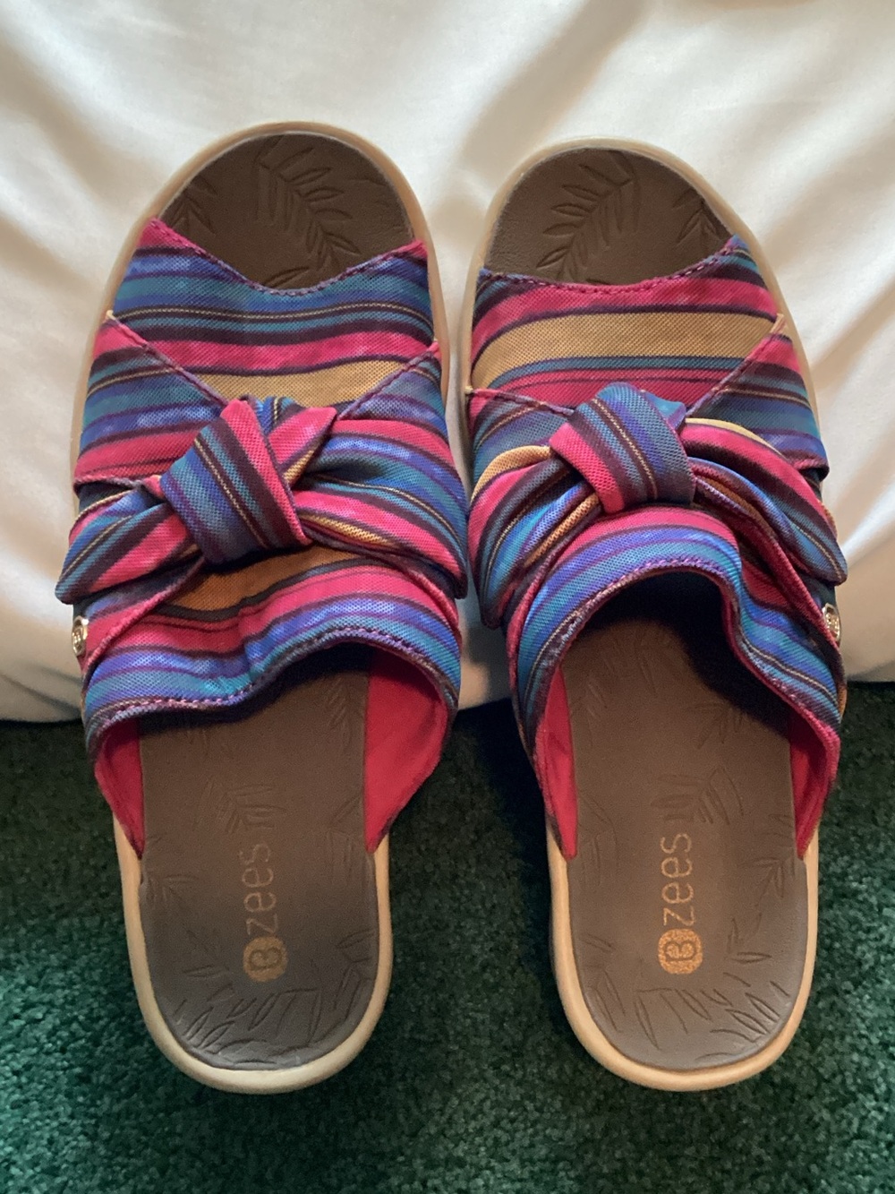 BZees Striped Knot Slide Sandals in Pink and Blue